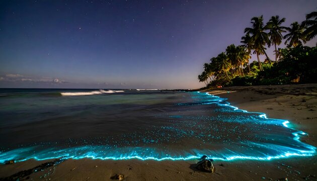 Surreal nocturnal seascape of glowing blue bioluminescent plankton creating a sea of stars on a remote tropical beach at night - Powered by Adobe