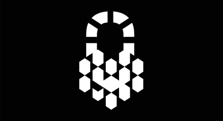 Abstract geometric padlock design in black and white.