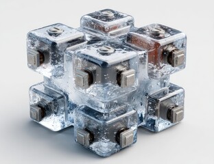Fototapeta premium Frozen, metallic cube puzzle on white