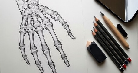Pencil sketch of a human hand skeleton with drawing tools.