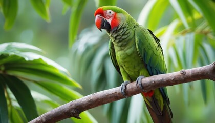 Vibrant Green Parrot Perched on Branch in Lush Tropical Foliage