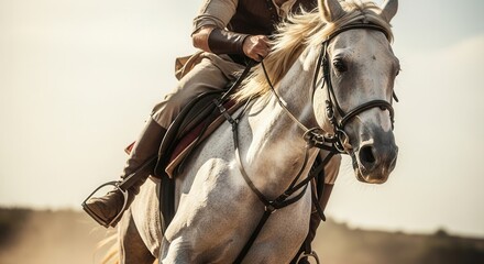 Obraz premium Man riding white horse. Rider on horseback in desert. Equestrian sports or historical reenactment. Traditional cavalry concept.