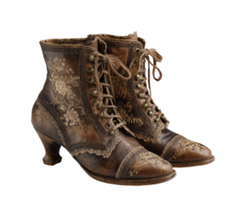 Vintage lace-up boots antique store fashion item rustic environment view isolated on transparent background, png