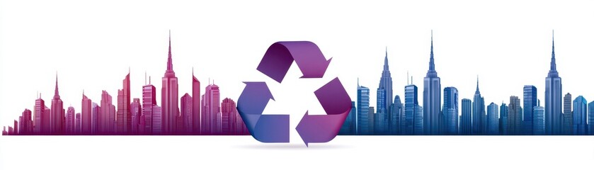 Obraz premium A stylized skyline featuring skyscrapers, with a central recycling symbol, representing urban sustainability and environmental consciousness.