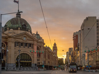 Swanston Street and Finders Street Station  in Melbourne at dusk 