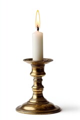 Antique brass candleholder with single white candle