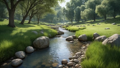 Serene Stream Winding Through Lush Green Valley