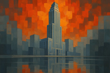 Art Deco Skyscraper Cityscape, Sunset