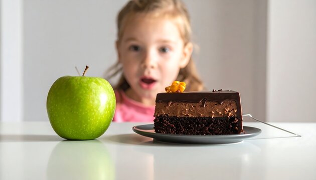 Young child with an excited expression chooses a decadent chocolate cake slice over a healthy green apple - Powered by Adobe