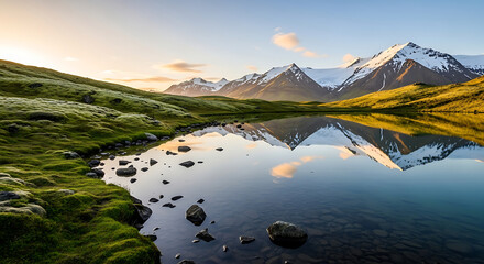 Obraz premium Picturesque mountain lake landscape in Iceland with reflection