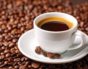 Espresso in white cup surrounded by coffee beans