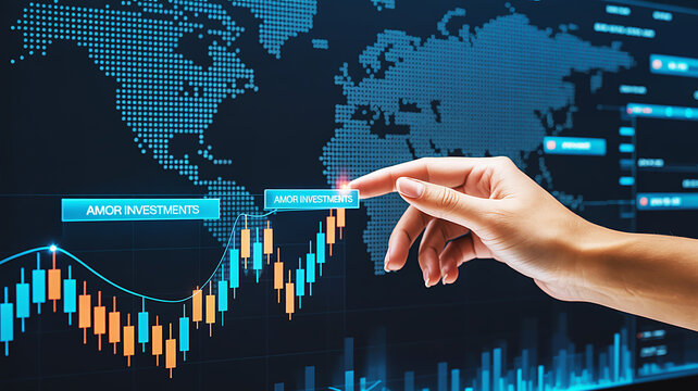 Business professional analyzing global stock market data on a futuristic digital interface for investment strategy