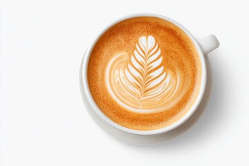 Overhead view of a latte art cappuccino.  A white mug holds a light brown cappuccino with a leaf-shaped latte art design atop a swirled crema