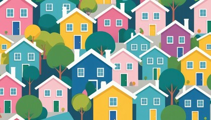 Colorful Suburban Neighborhood Illustration: Vibrant Houses and Lush Greenery