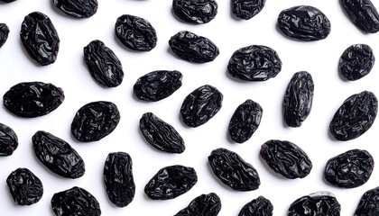 Dark raisins scattered on a white background