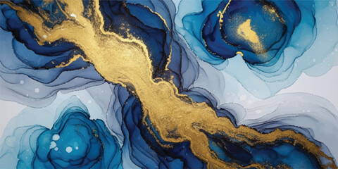 Abstract fluid art with swirling blue and gold tones