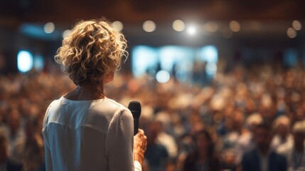 Mature adult female speaker in crowded business audience gives speech. Woman is on commercial conference session. Lecture in exposition hall
