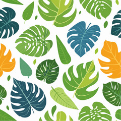 Tropical Green Orange And Blue Leaf Pattern On White Background