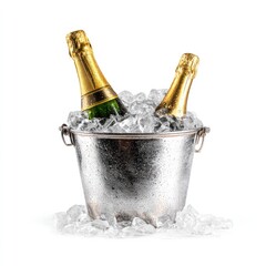 Two champagne bottles chilled in a metal bucket filled with ice