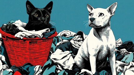 A playful illustration featuring a black cat in a red laundry basket surrounded by clothes and a white dog sitting beside it, Ideal for pet-related content, social media posts, or home care themes,