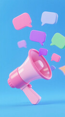 Vibrant modern scene with pink megaphone and floating colorful speech bubbles (pink, purple, green) against bright blue background - dynamic layout conveying communication energy.
