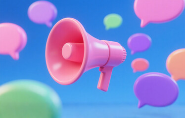 Vibrant modern scene with pink megaphone and floating colorful speech bubbles (pink, purple, green) against bright blue background - dynamic layout conveying communication energy.