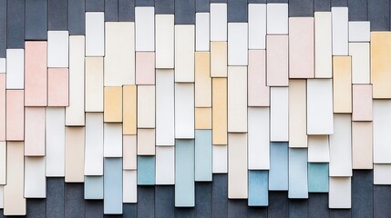 A vibrant arrangement of geometric shapes and colors creates a stylish wall design, This image can be used for interior design inspiration, architecture, or modern aesthetics in marketing materials,