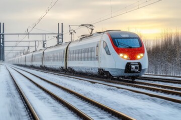 Naklejka premium High Speed Train Journey Through Snowy Winter Landscape, A Scene of Modern Transportation