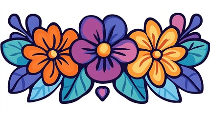 Fototapeta premium Vibrant floral illustration featuring orange, purple, and yellow flowers surrounded by lush leaves, ideal for invitations, greeting cards, or wall art designs that celebrate nature and color,