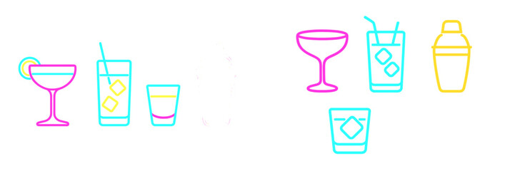 Stylized neon outline collection of cocktail glasses, shot glass, and bar shaker, featuring vibrant colors for beverages and nightlife