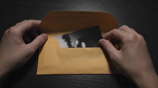 Hands holding an open manila envelope with a black and white photo, suitable for financial, legal, and mysterythemed designs.
