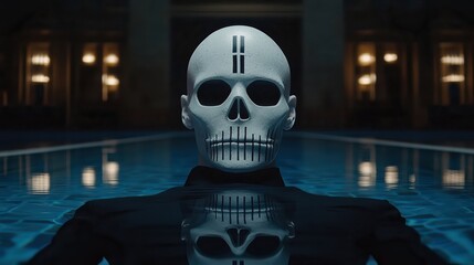 A striking image of a skull figure floating in a tranquil pool, set against an elegantly lit background, This photo is perfect for themes of mystery, the macabre