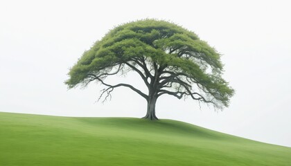 Solitary Oak Tree on a Misty Green Hill