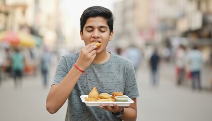 Indian teenager enjoying street food outdoors