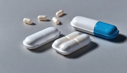 Close-up of White and Blue Capsules and Tablets on Grey Background