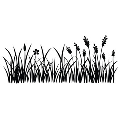 A black vector silhouette of tall grass and wild plants in a natural border style,