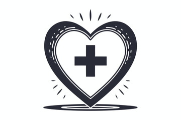 Black Heart with Plus Sign, Illustration, Simple Design, on White Background