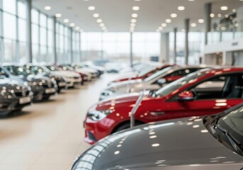 Photo of rows of new cars displayed in a modern dealership showroom, showcasing a variety of models and colors for potential buyers