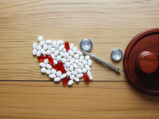 Pills Syringe and Stethoscope on Wooden Background