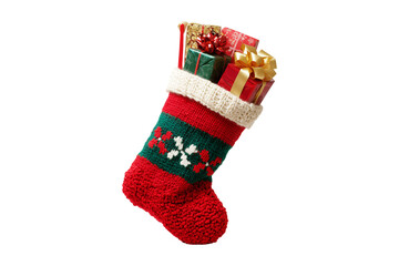 A Christmas stocking hanging with gifts, isolated on a transparent background.