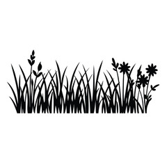 A black vector silhouette of tall grass and wild plants in a natural border style,