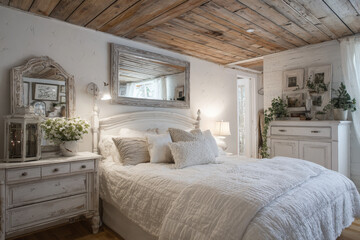 dormitorio lujoso d eestilo rococo y rustico con muebles clasicos envejecidos en tonos blancos
