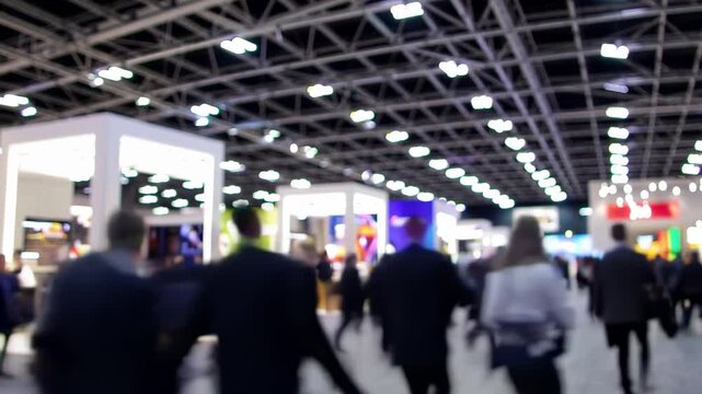Blurred motion of people walking through a modern trade show or exhibition hall,