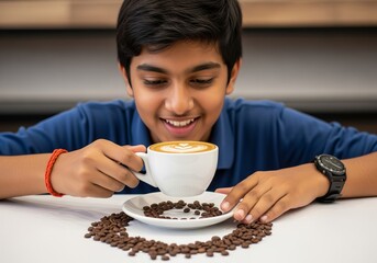 Indian teen balancing coffee cup in artistic latte challenge