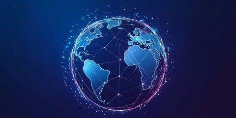 Fototapeta premium Digital globe illustration showcasing continents and networks connecting different global regions.