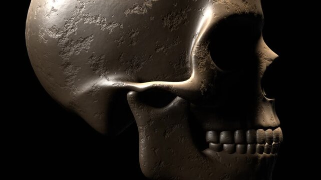 Photorealistic Human Skull Looping Animation.A seamlessly looping 3D animation of a highly detailed, photorealistic human skull. This versatile motion background creates a mysterious and cinematic moo