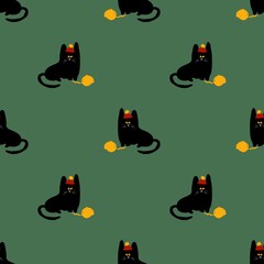 Seamless pattern with cute black cats wearing red winter hats and playing with yellow yarn balls. Playful hand-drawn digital illustration on a green background, perfect for fabric, wallpaper