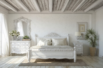 habitacion rustica de matrimonio en tonos blancos envejecidos con madera antigua, en estilo clasico lujoso, con techos de listones de madera, comoda, cama y mesitas y espejos