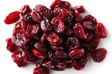 Dried cranberries, top view.  A cluster of small, intensely red dried cranberries