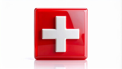 Obraz premium Glossy red 3D square icon with bold white cross isolated on white background. Minimal composition